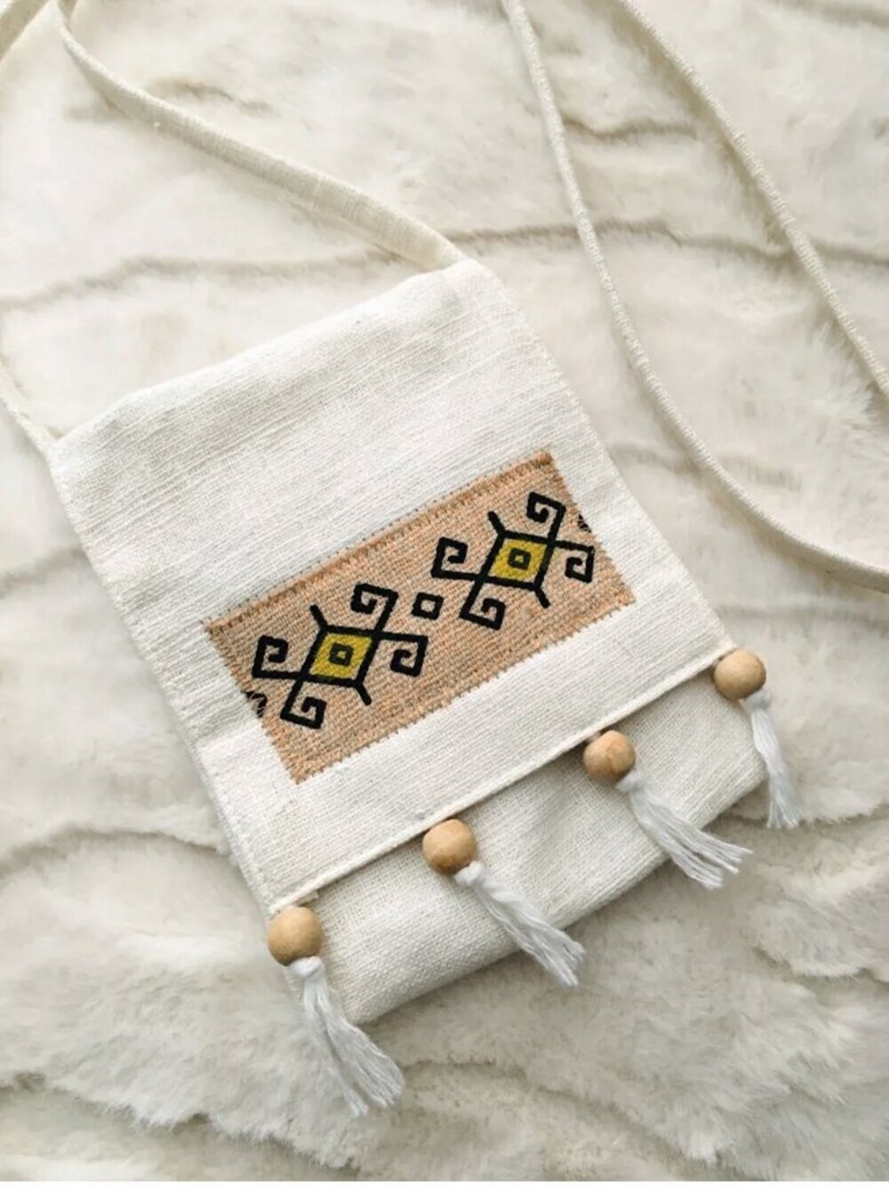 90s Handmade Turkish Kilim Bag Cream Woven Crossbody Purse